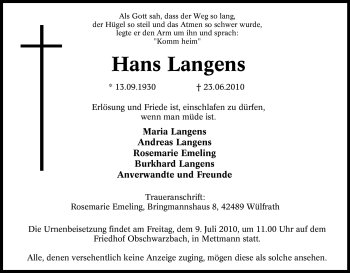Traueranzeige von Hans Langens von Tageszeitung