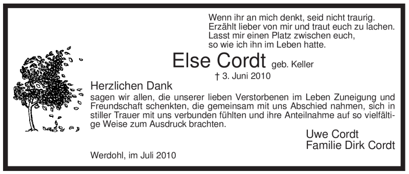  Traueranzeige für Else Cordt vom 14.07.2010 aus Tageszeitung