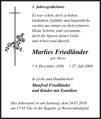 Traueranzeige von Marlies Friedländer von Tageszeitung