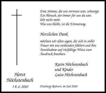 Traueranzeige von Horst Höchstenbach von Tageszeitung