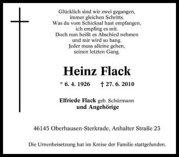 Traueranzeige von Heinz Flack von Tageszeitung