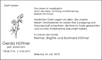 Traueranzeige von Gerda Hüttner von Tageszeitung