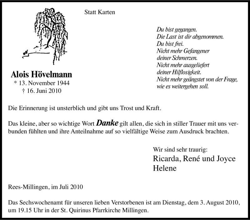  Traueranzeige für Alois Hövelmann vom 28.07.2010 aus Tageszeitung