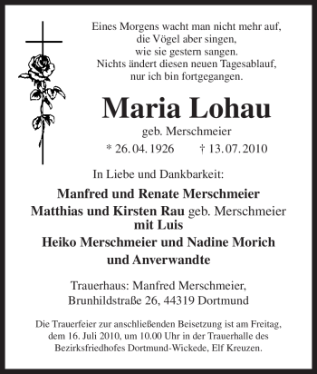 Traueranzeige von Maria Lohau von Tageszeitung