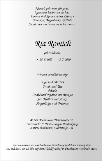 Traueranzeige von Ria Romich von Tageszeitung