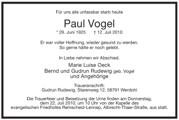 Traueranzeige von Paul Vogel von Tageszeitung