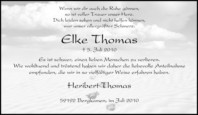  Traueranzeige für Elke Thomas vom 31.07.2010 aus Tageszeitung
