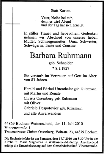Traueranzeige von Barbara Ruhrmann von Tageszeitung