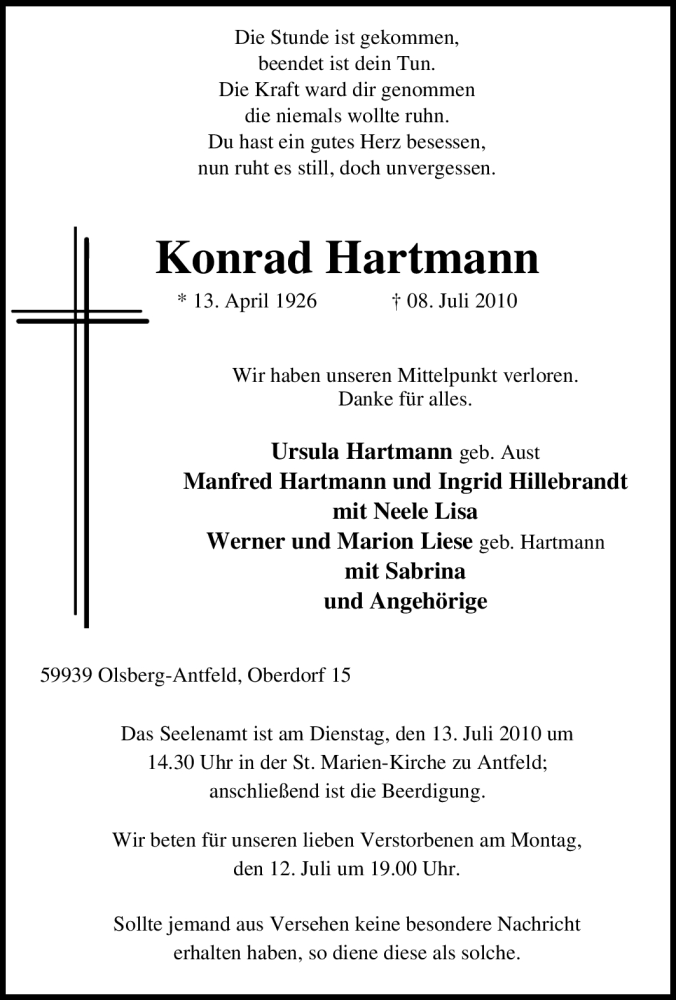  Traueranzeige für Konrad Hartmann vom 10.07.2010 aus Tageszeitung