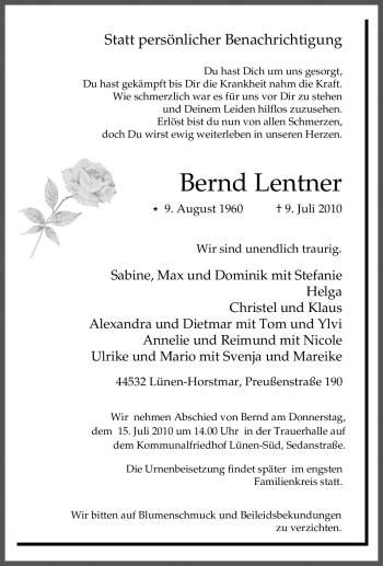 Traueranzeige von Bernd Lentner von Tageszeitung