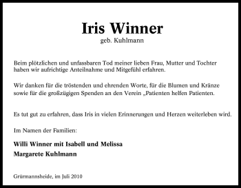 Traueranzeige von Iris Winner von Tageszeitung