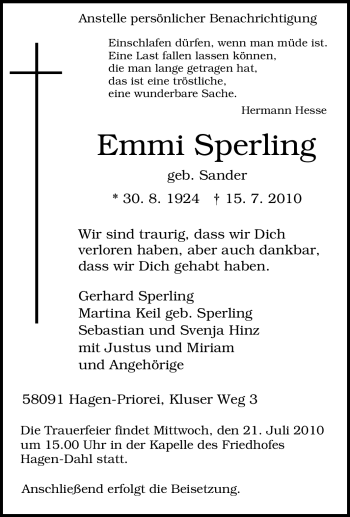 Traueranzeige von Emmi Sperling von Tageszeitung