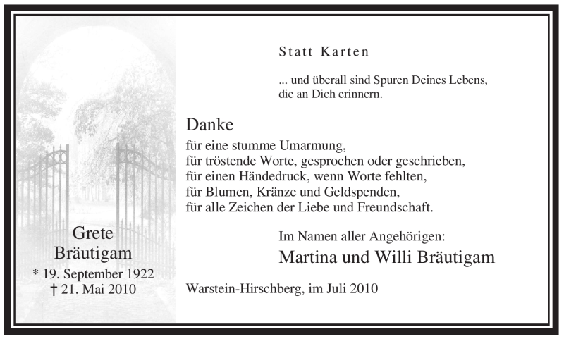  Traueranzeige für Grete Bräutigam vom 03.07.2010 aus Tageszeitung