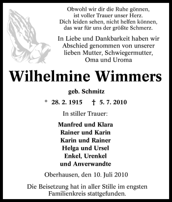 Traueranzeige von Wilhelmine Wimmers von Tageszeitung