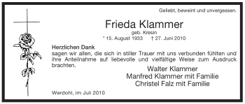 Traueranzeige von Frieda Klammer von Tageszeitung
