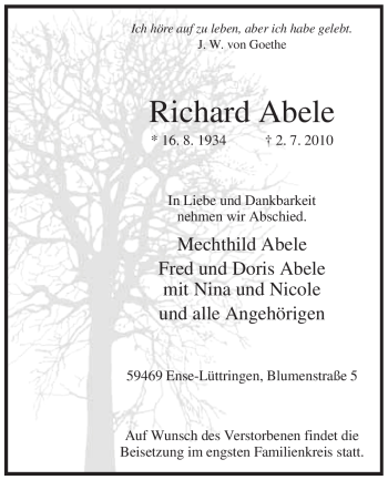 Traueranzeige von Richard Abele von Tageszeitung