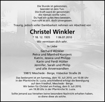 Traueranzeige von Christel Winkler von Tageszeitung