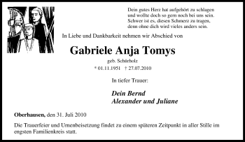 Traueranzeige von Gabriele Anja Tomys von Tageszeitung