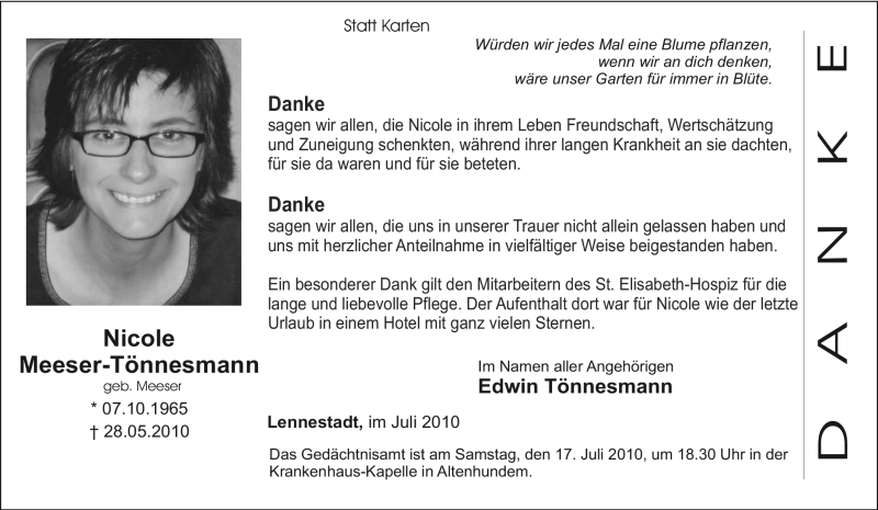  Traueranzeige für Nicole Meeser-Tönnesmann vom 14.07.2010 aus Tageszeitung