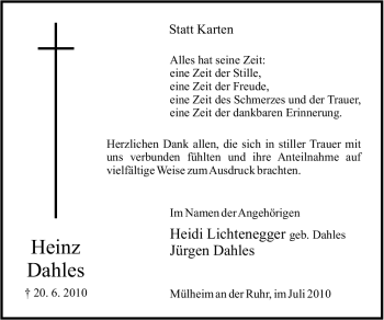 Traueranzeige von Heinz Dahles von Tageszeitung