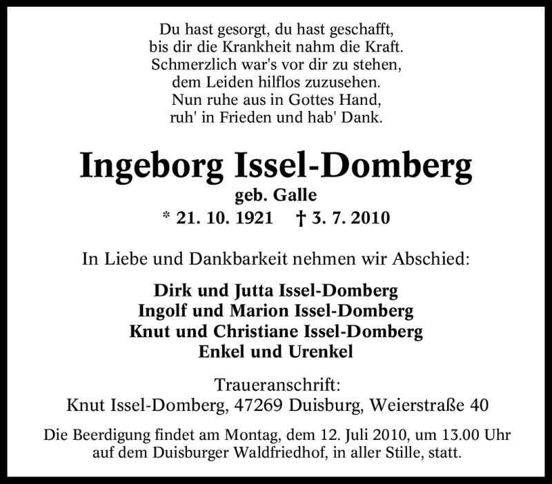  Traueranzeige für Ingeborg Issel-Domberg vom 07.07.2010 aus Tageszeitung