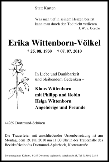 Traueranzeige von Erika Wittenborn-Völkel von Tageszeitung