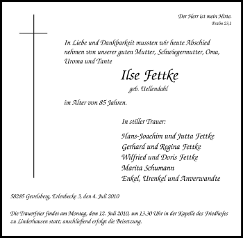 Traueranzeige von Ilse Fettke von Tageszeitung