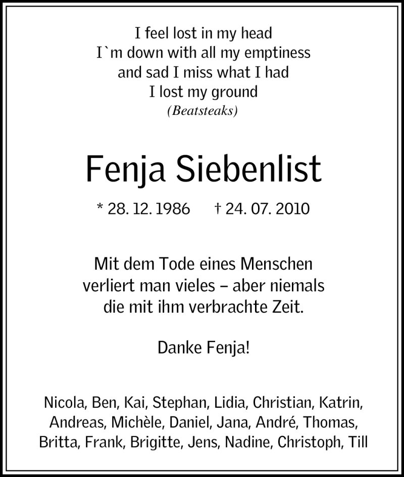  Traueranzeige für Fenja Siebenlist vom 28.07.2010 aus Tageszeitung