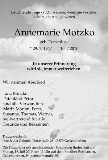 Traueranzeige von Annemarie Motzko von Tageszeitung
