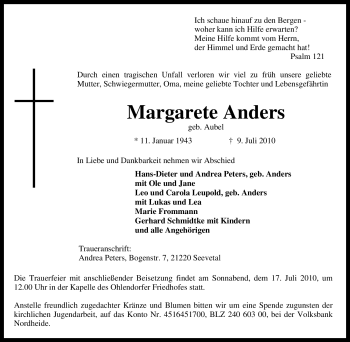 Traueranzeige von Margarete Anders von Tageszeitung