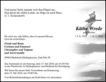 Traueranzeige von Käthe Wrede von Tageszeitung
