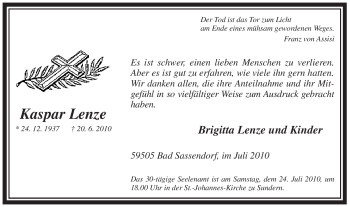 Traueranzeige von Kaspar Lenze von Tageszeitung