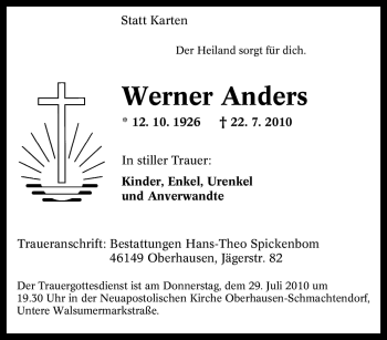 Traueranzeige von Werner Anders von Tageszeitung