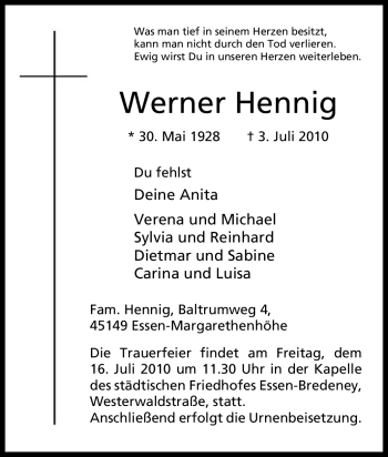 Traueranzeige von Werner Hennig von Tageszeitung