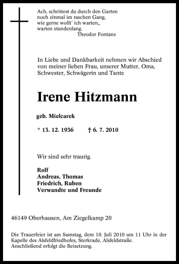 Traueranzeige von Irene Hitzmann von Tageszeitung