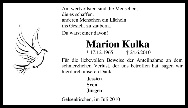  Traueranzeige für Marion Kulka vom 10.07.2010 aus Tageszeitung