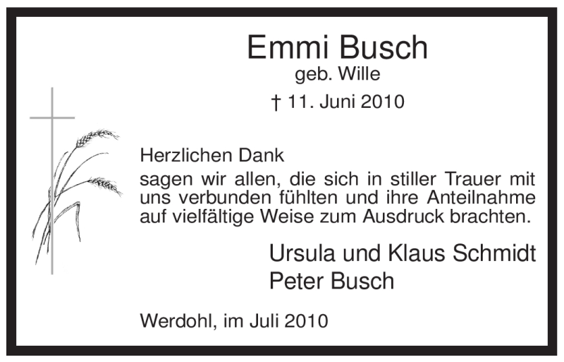  Traueranzeige für Emmi Busch vom 17.07.2010 aus Tageszeitung