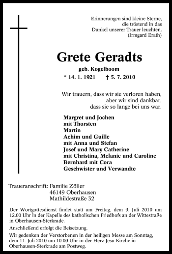 Traueranzeige von Grete Geradts von Tageszeitung