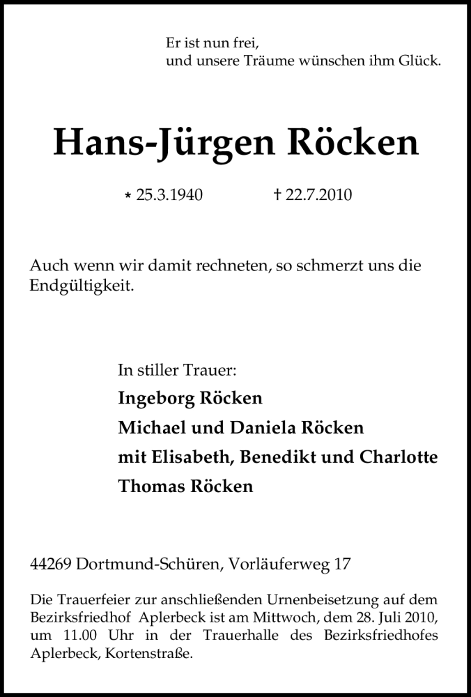  Traueranzeige für Hans-Jürgen Röcken vom 24.07.2010 aus Tageszeitung