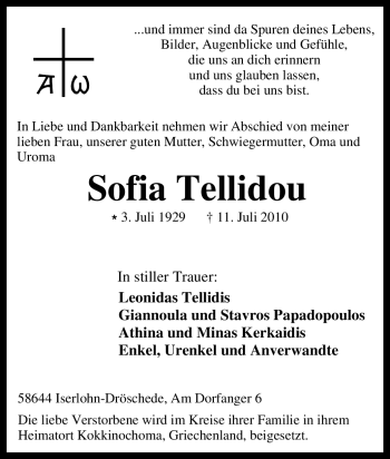 Traueranzeige von Sofia Tellidou von Tageszeitung