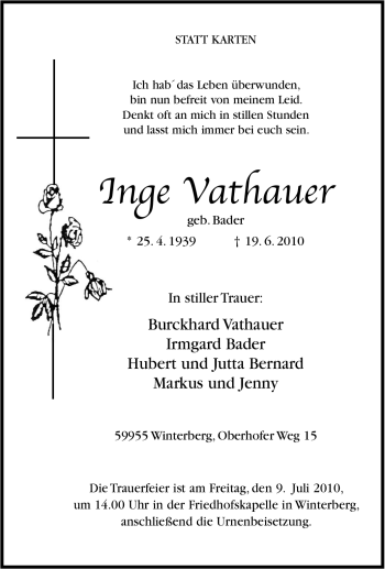 Traueranzeige von Inge Vathauer von Tageszeitung