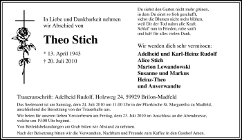 Traueranzeige von Theo Stich von Tageszeitung