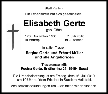 Traueranzeige von Elisabeth Gerte von Tageszeitung