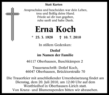 Traueranzeige von Erna Koch von Tageszeitung