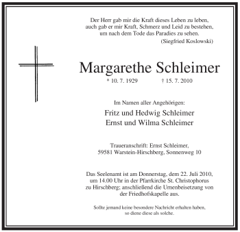 Traueranzeige von Margarethe Schleimer von Tageszeitung