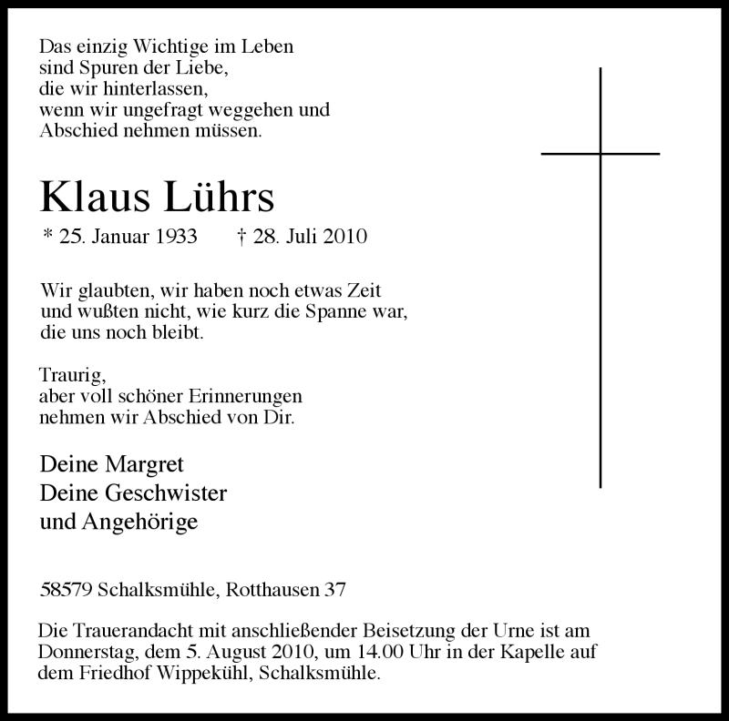  Traueranzeige für Klaus Lührs vom 31.07.2010 aus Tageszeitung