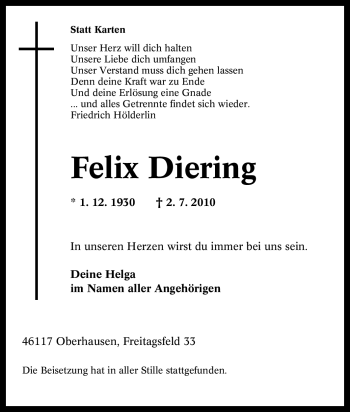Traueranzeige von Felix Diering von Tageszeitung