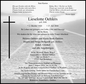 Traueranzeige von Lieselotte Oehlers von Tageszeitung