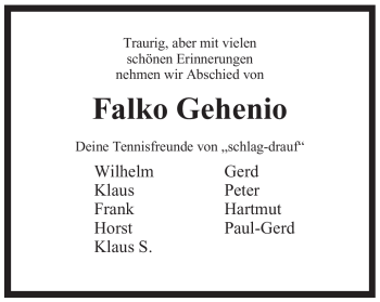 Traueranzeige von Falko Gehenio von Tageszeitung
