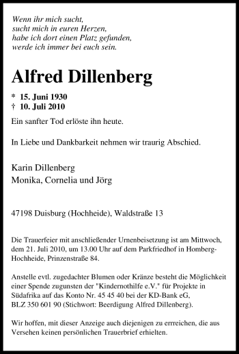 Traueranzeige von Alfred Dillenberg von Tageszeitung